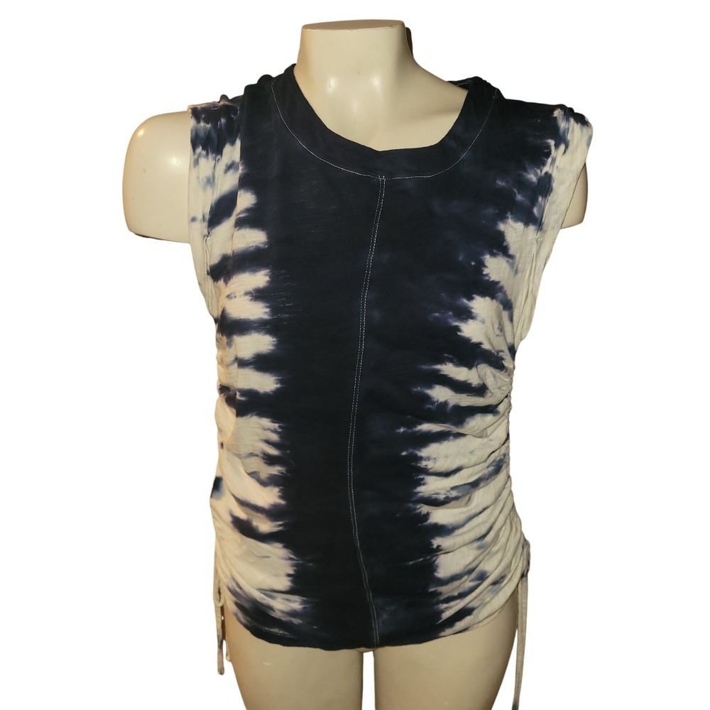 Lucky Brand Tie Dye Ruched Side Tank Top M cotton Sleeveless Blue White beachy